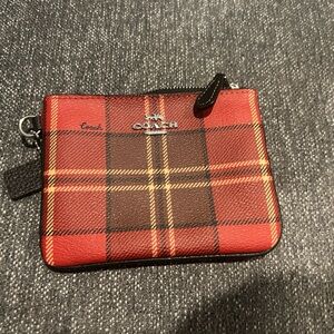 Coach Red and Brown Plaid Card Pouch
